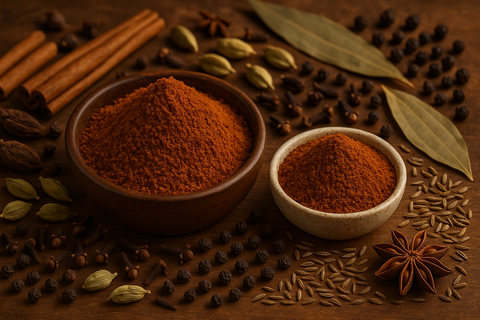 garam masala powder in bowls but garam masala sabut in background sides