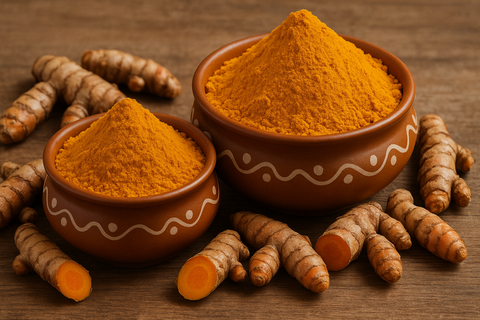 pure haldi powder in bowls side me haldi sabut pari ho 